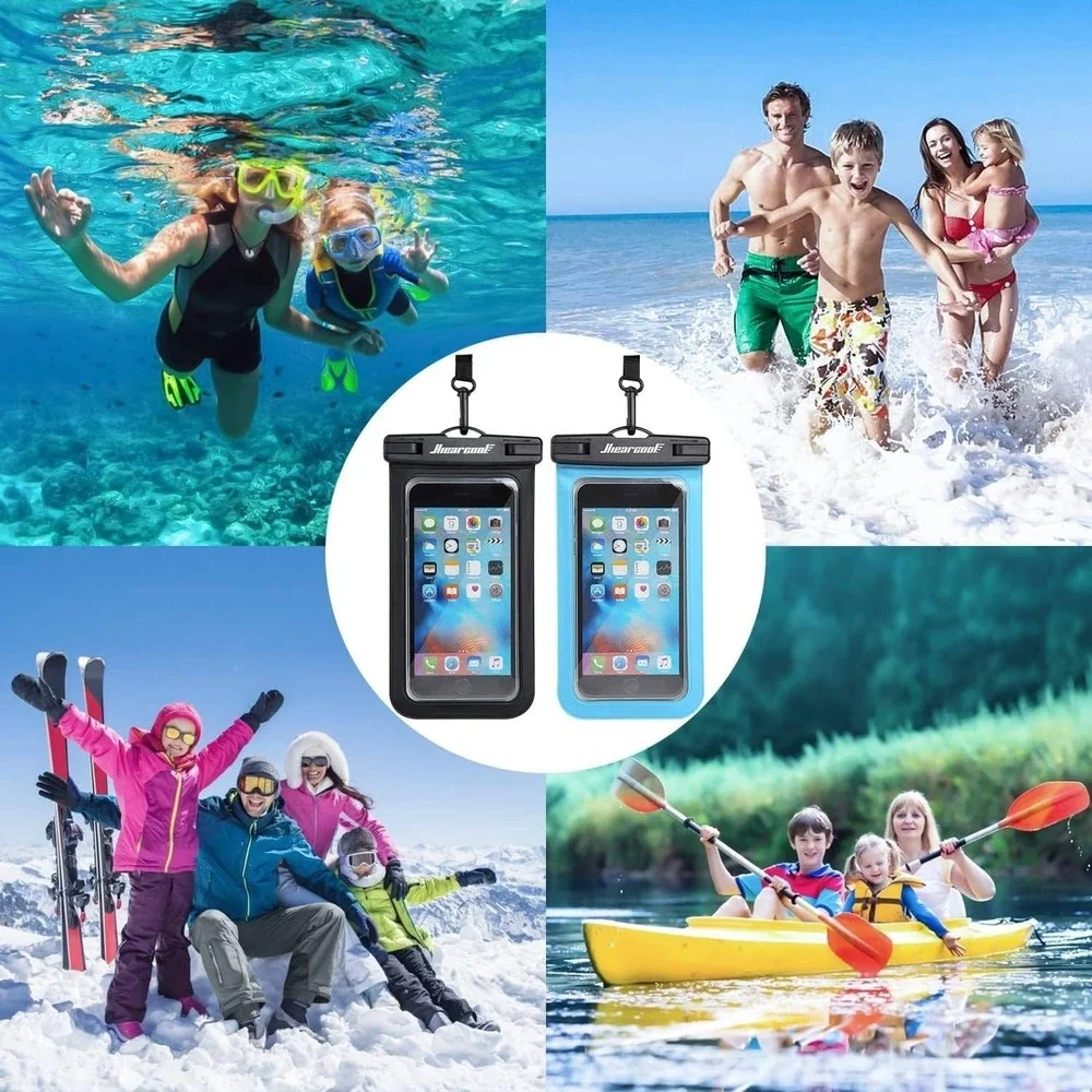 Waterproof Phone Pouch Universal Compat 8.3 inch Touch Screen Lanyard Black Blue